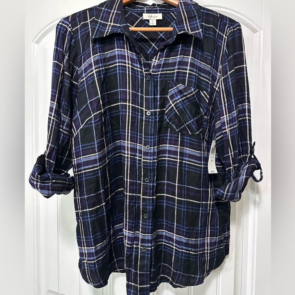 Style & Co. Black and Purple Plaid Shirt